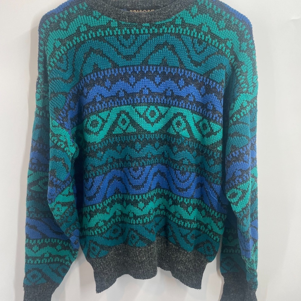 Vintage Uniform Code Geometric Jacquard Winter Pullover Sweater Teal Blue Size M - Picture 4 of 11